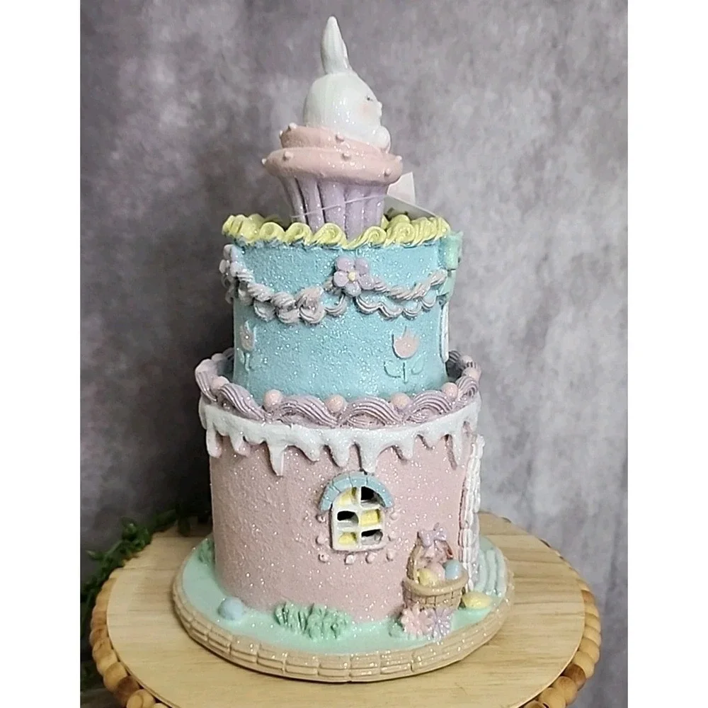 Easter Cake Cupcake Gingerbread House Bunny Pastel LIGHT UP Tabletop Decor 10.5
